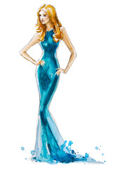 fashion illustration of a blond girl in a long dress