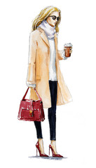 fashion illustration of a blond girl in a coat © kamenuka