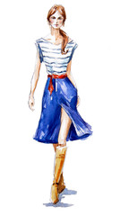 fashion illustration of a girl walking. Summer look