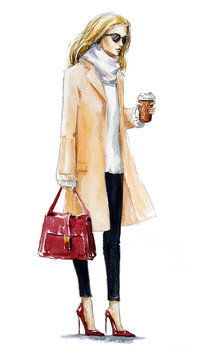 fashion illustration of a blond girl in a coat