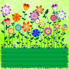 Green background with ornament meadows with flowers
