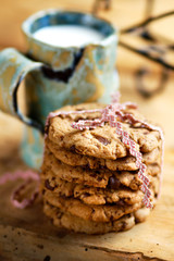 Tasty homemade chocolate biscuits, milk cup on background