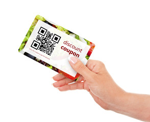 Fototapeta na wymiar hand holding food discount coupon with qr code isolated over whi
