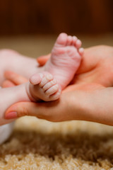 Baby feet in hands of mum