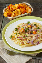 Pasta with mushrooms on a plate and fresh mushrooms in a basket