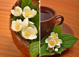Obraz na płótnie Canvas Tea cup with jasmine flower on the wood