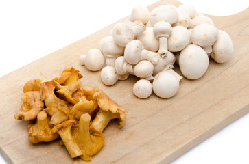 White button and chanterelle mushrooms on a wooden board
