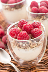 Yogurt with muesli and fresh raspberries
