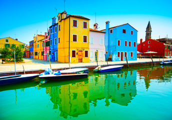 Fototapeta na wymiar Venice landmark, Burano island canal, colorful houses, church an