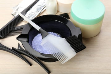 Hairdresser accessories for coloring hair, close-up
