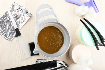 Hairdresser accessories for coloring hair, close-up