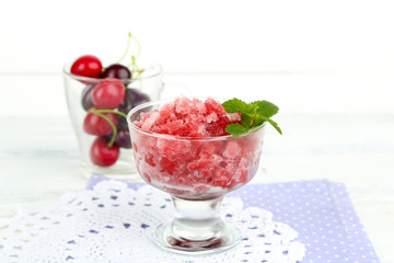 Closeup of cherry granita in glass bowl,