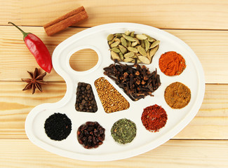 Painting palette with various spices and herbs,