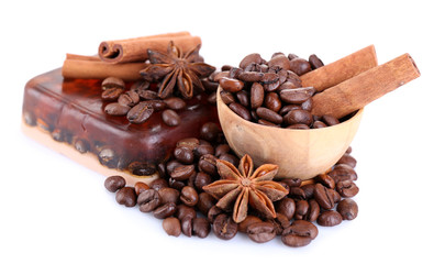Organic soap with coffee beans and spices, isolated on white