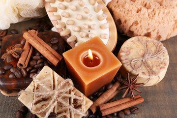 Soap with coffee beans and spices, sponge and massage brush