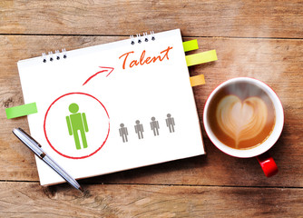 Hot coffee with talented person for hiring on wood background