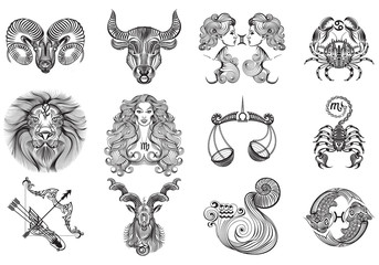 12 signs of the zodiac tattoos. - obrazy, fototapety, plakaty