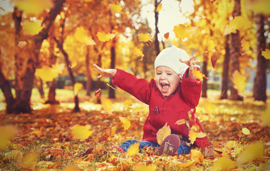 happy little child, baby girl laughing and playing in autumn