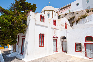 Fototapeta na wymiar Orthodox church in the capital of Santorini Fira. Greece.