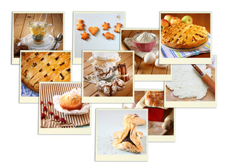 Homemade baking collage with cookies, fresh bread, apple pie and