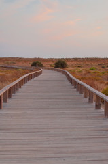 Wooden footbridge in the dunes, Algarve, Portugal, at sunset