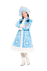 Playful brunette posing in snow maiden costume