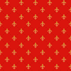 Seamless red background with a gold royal lilies