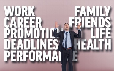 Composite image of stressed businessman gesturing