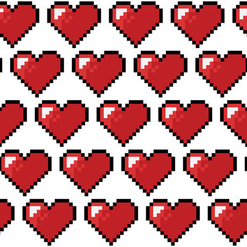 A seamless vector background of red pixel hearts