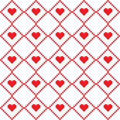 Seamless repeating pattern of red pixel art style heart shapes