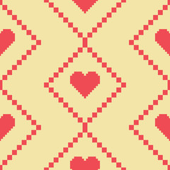 Seamless repeating pattern of red pixel art style heart shapes