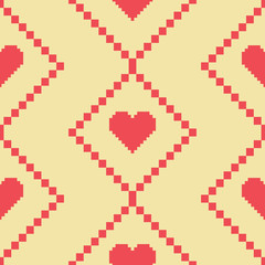 Seamless repeating pattern of red pixel art style heart shapes