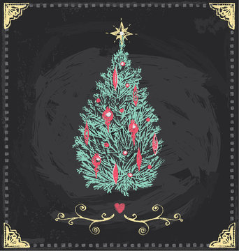 Vintage Christmas Tree Chalkboard Hand Drawn Vector Set