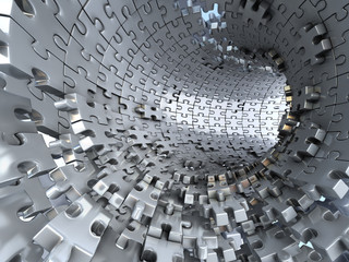 Tunnel made of metallic puzzles.  Conceptual 3d illustration, - obrazy, fototapety, plakaty