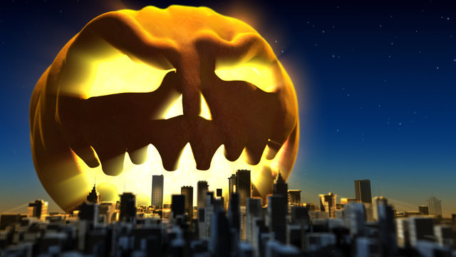 Giant Monster Pumpkin Attacked A City. Halloween Illustration