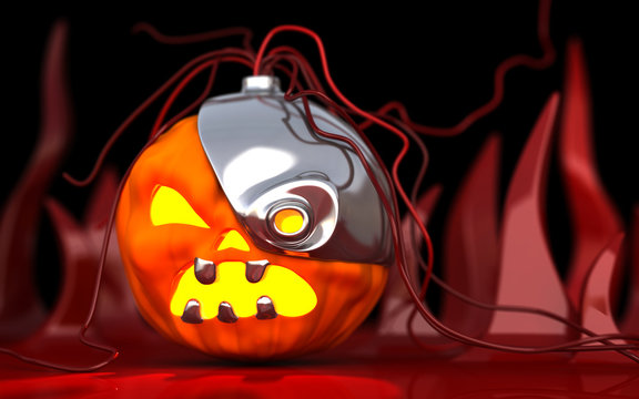 Robotic Halloween pumpkin. Technology 3d illustration
