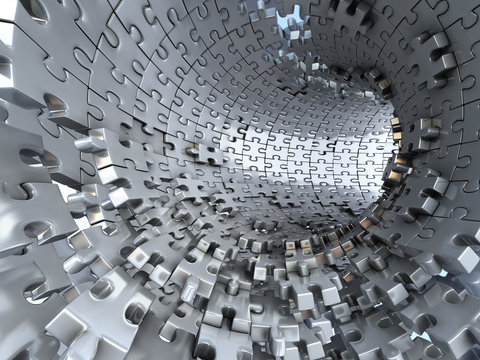 Fototapeta Tunel wykonany z metalowych puzzli. Koncepcyjna ilustracja 3d,