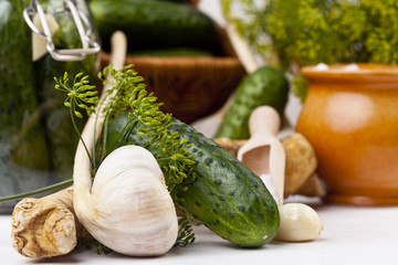 Homemade pickles in brine with garlic, dill and horseradish