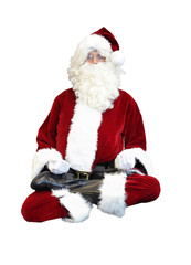 Santa Claus floating in lotus position on white background
