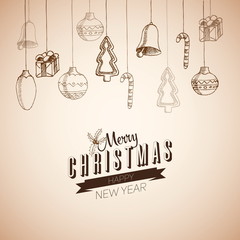 Merry Christmas hand drawn doodles poster design. With decoratio