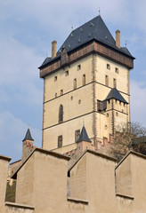 Fototapeta na wymiar View of the Big Tower of castle Karlstejn