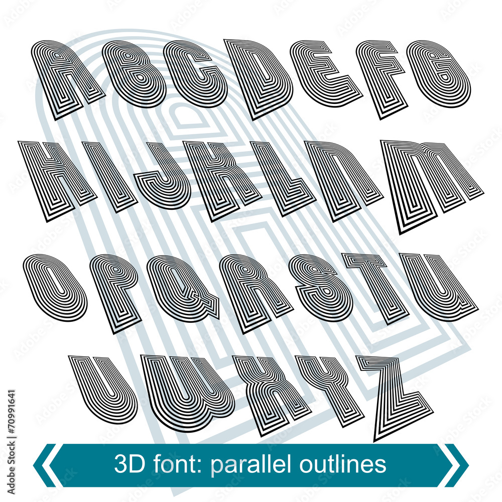 Fototapete 3d retro typeset with lines in rotation, vector uppercase callig