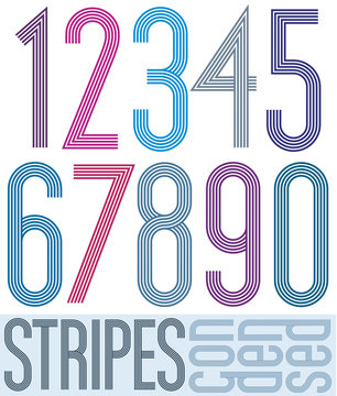 Poster retro condensed colorful numbers with stripes on white ba