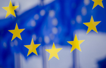 Reflection of UE flags in a panel on the wall of the European Commission © mbruxelle