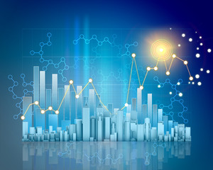 Abstract charts and skyscraper on blue background with a grid.