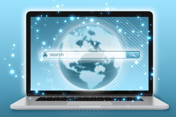 laptop with the planet on screen and search menu.