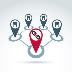 Linked towns symbolic icon, connected small localities or villag