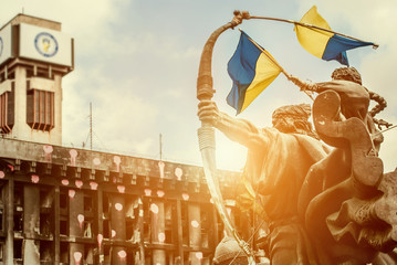 2014 Kiev .  Trade Unions Building after fire with Monument