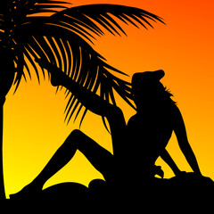 girl and palm on a sunset color vector