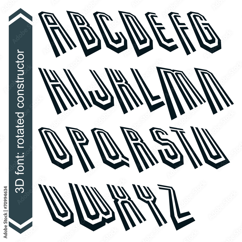 Fototapete 3d retro typeset with lines in rotation, vector uppercase callig